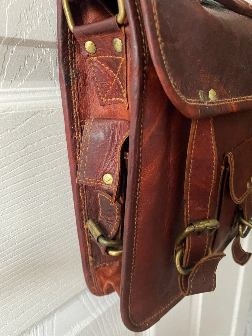 Vintage Brown Leather Messenger Bag with Brass Hardware